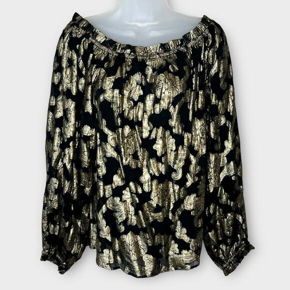 HALE BOB Viola Top Off Shoulder Black & Metallic Gold Floral Blouse Size Small - Picture 2 of 7